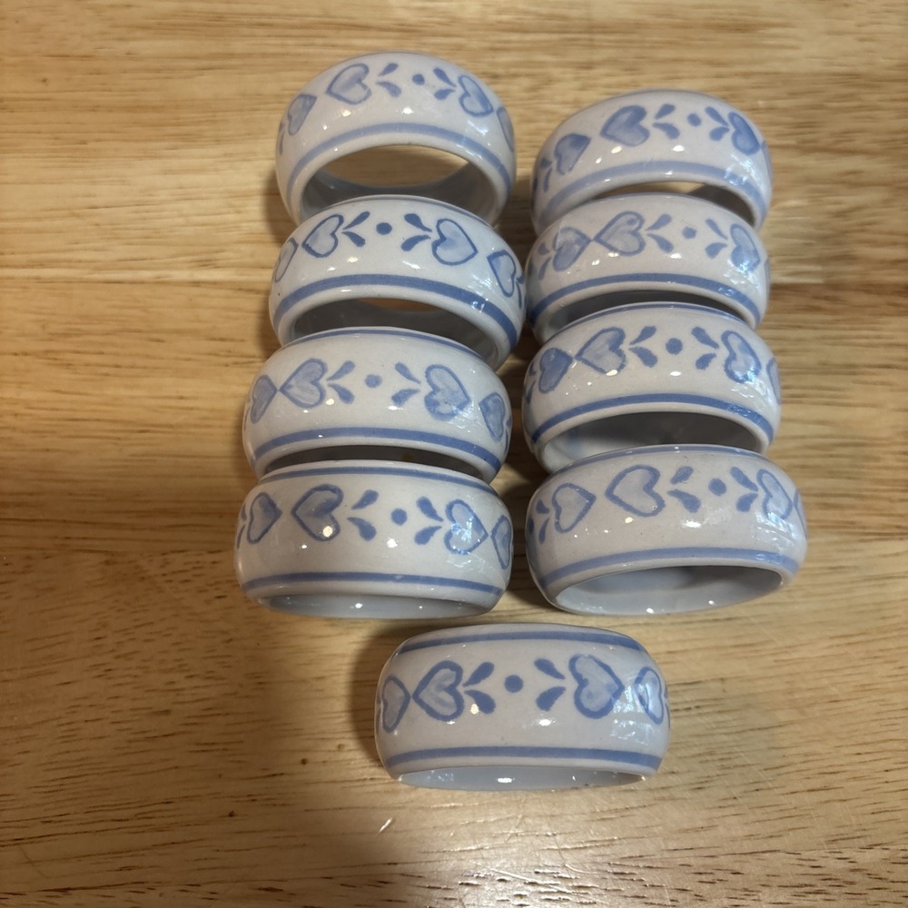 Rare Vintage Set of 9 Glossy Ceramic Heart Motif Napkin Rings, Blue & White